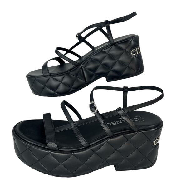 Chanel 2023 Calfskin Quilted Slingback Wedge Logo Sandals - Picture 2 of 16